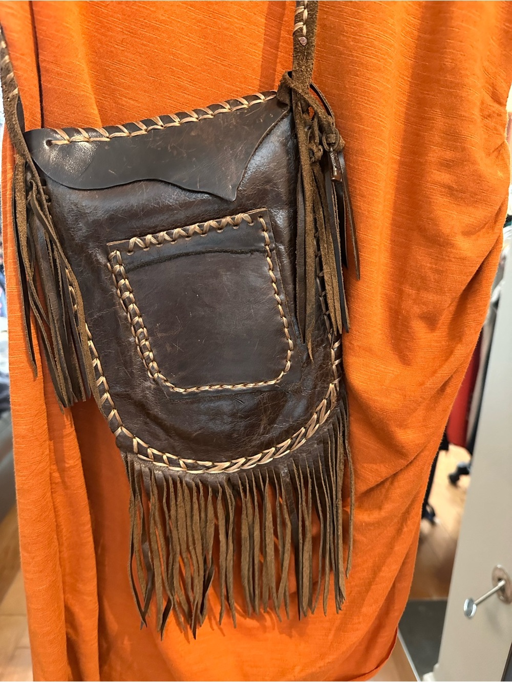 Artisan Dark Brown Leather Fringe Crossbody Bag
